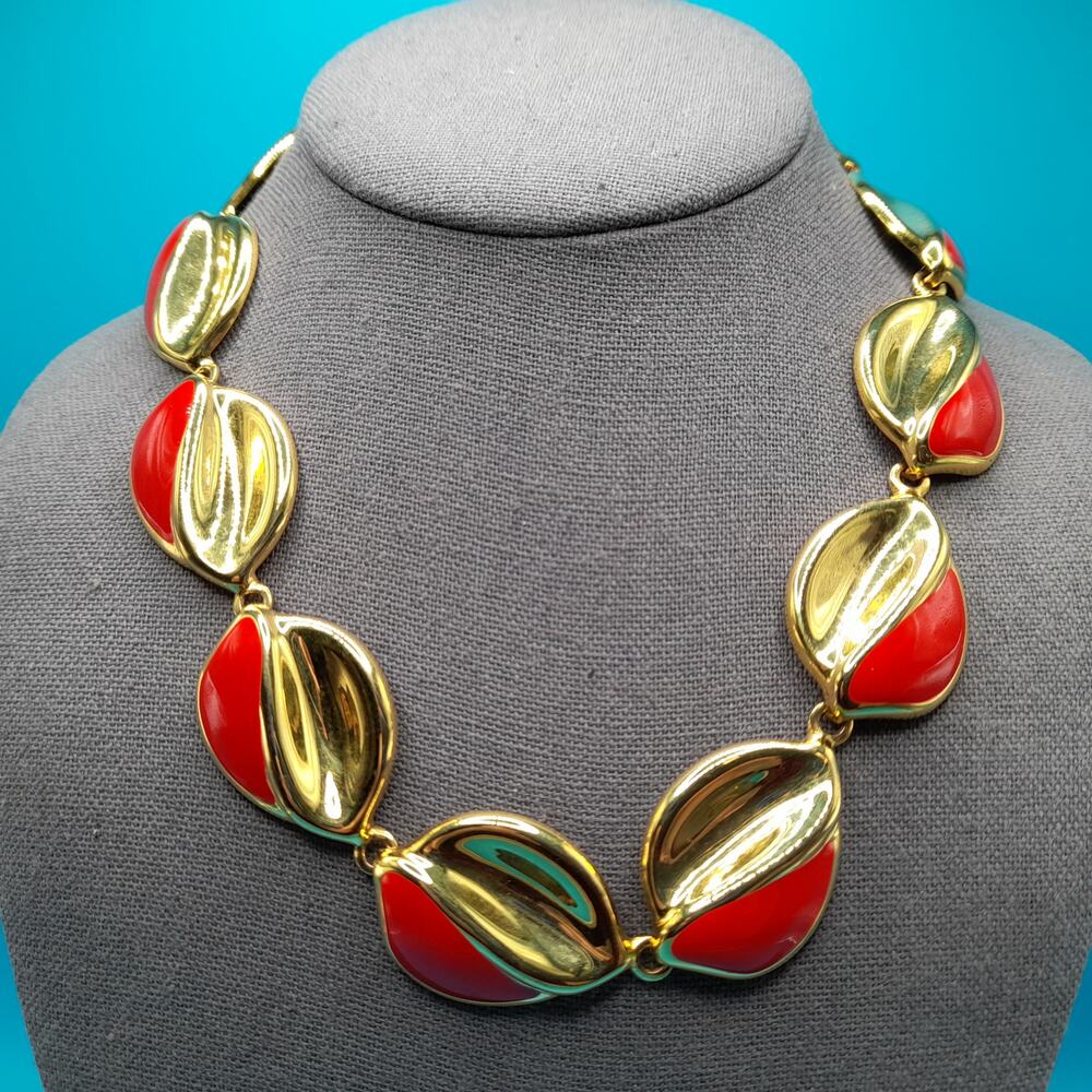 Vintage Red Enamel Gold Tone Necklace, 19", 1980s Vintage Jewelry
